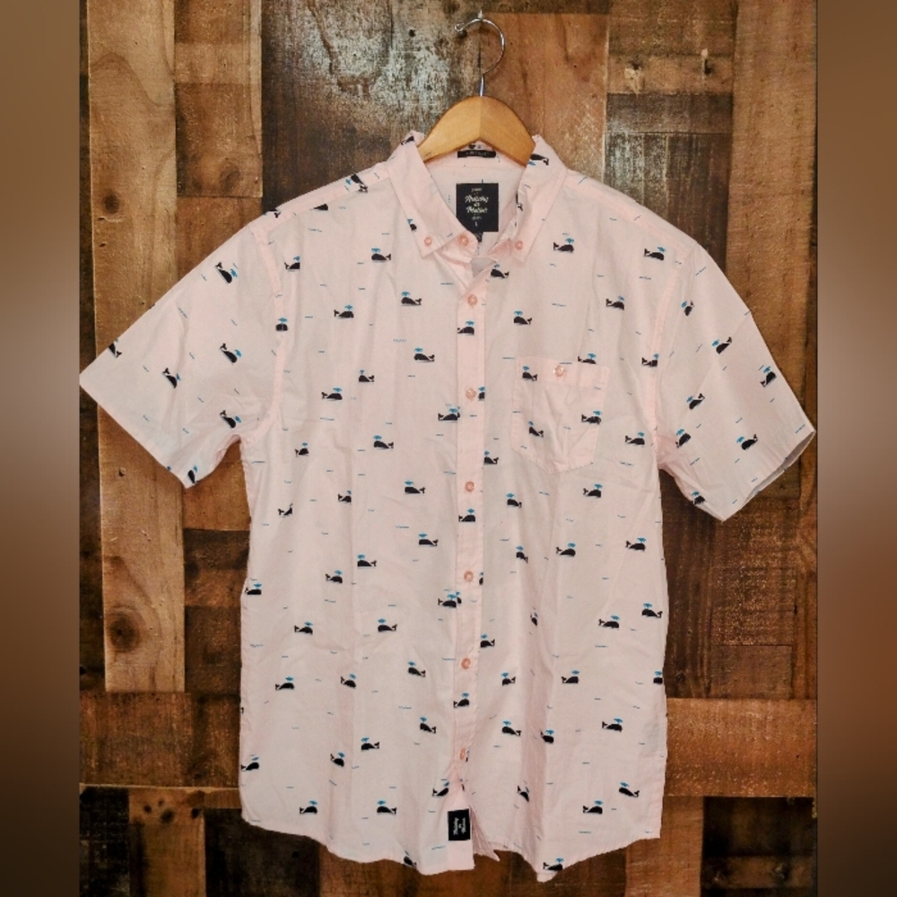 Artistry In Motion Slim Tall Fit Pink Short Sleeve Shirt Whale Print Mens Large